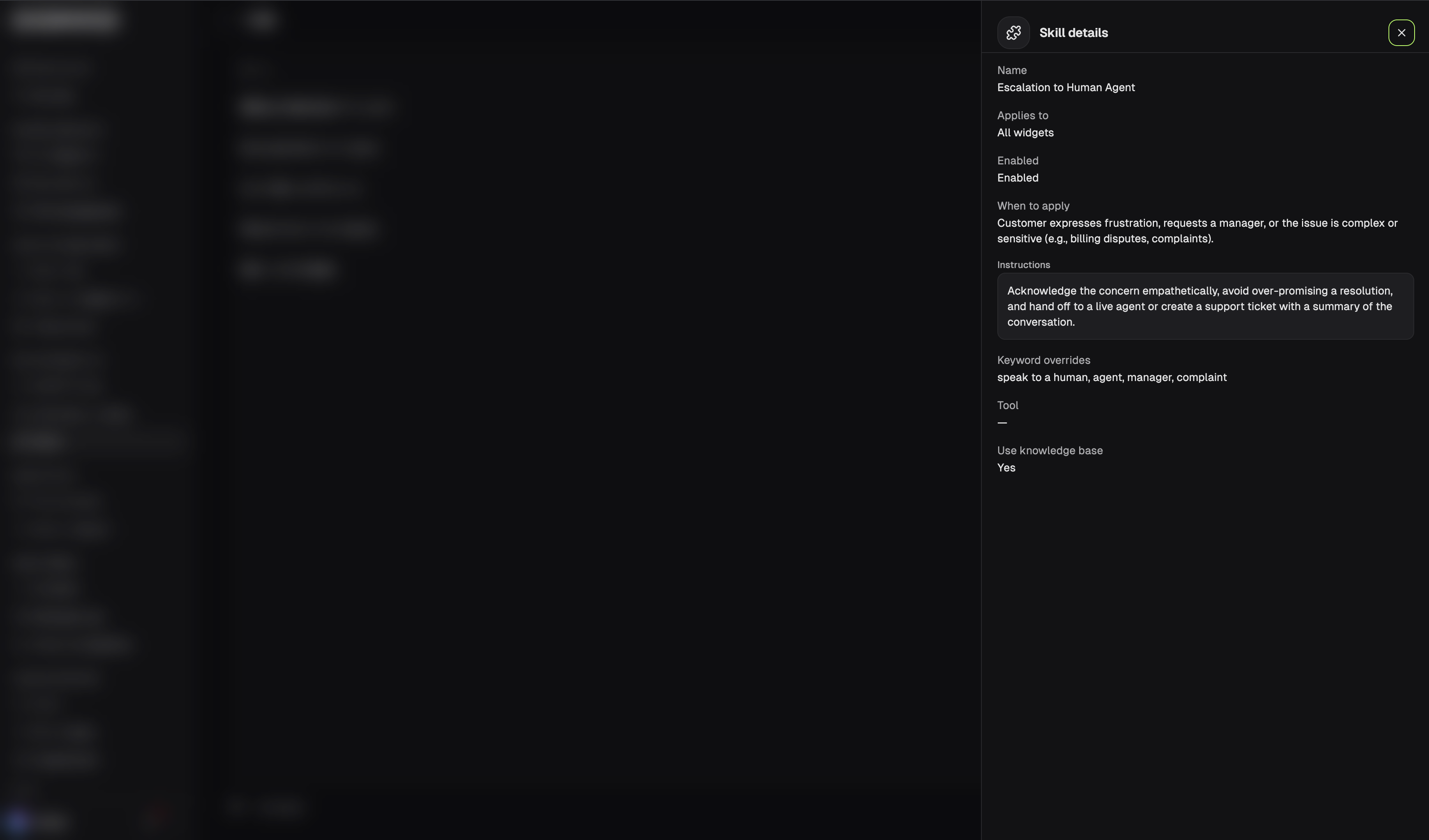 Dokko's Skills configuration page, where a team defines named behaviours for specific situations without writing code.